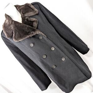 LARRY LEVINE! RICH BLACK DOUBLE BREASTED FAUX FUR COLLAR PEACOAT, JACKET! SZ 12